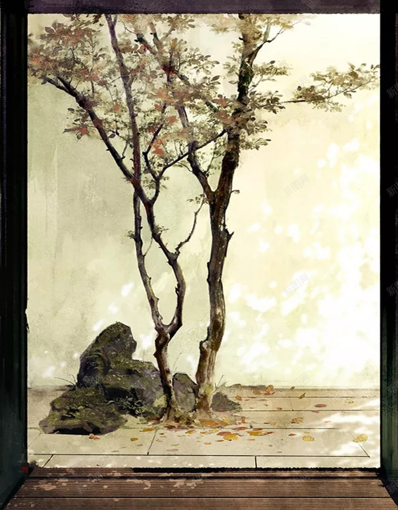 古风插画海报背景jpg设计背景_88icon https://88icon.com 古风 插画 树枝 树干 树叶 手绘 复古 中国风 石头 黑色