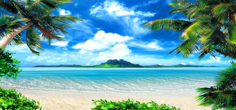 海滩风景jpg设计背景_88icon https://88icon.com 海滩 椰树 蓝天 白云 植物 碧蓝的海水 绿树 海报banner 摄影 风景
