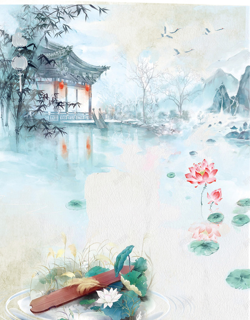 古风水墨画荷花海报背景psd设计背景_88icon https://88icon.com 亭台 古风 大气 水墨画 荷花 轩榭