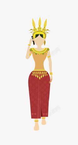 打电话的时髦女人手绘穿着柬埔寨传统服饰的打电话的女人矢量图高清图片