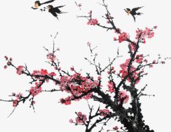 桃花树上的飞过的燕子素材