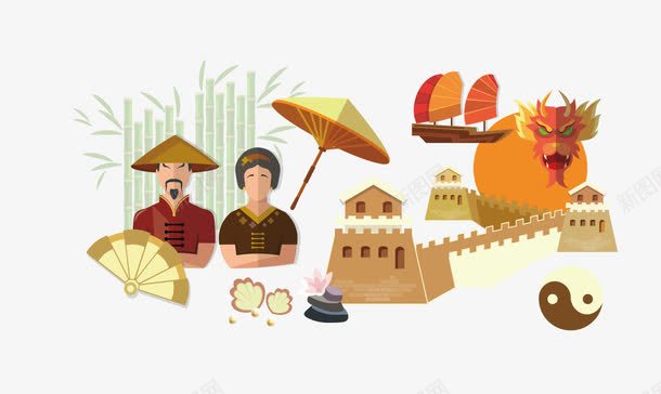 手绘旅游元素png免抠素材_88icon https://88icon.com 人物 太极 手绘素材 旅游元素 长城 长城卡通