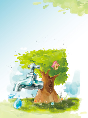 彩色手绘树林大树创意节约用水背景背景
