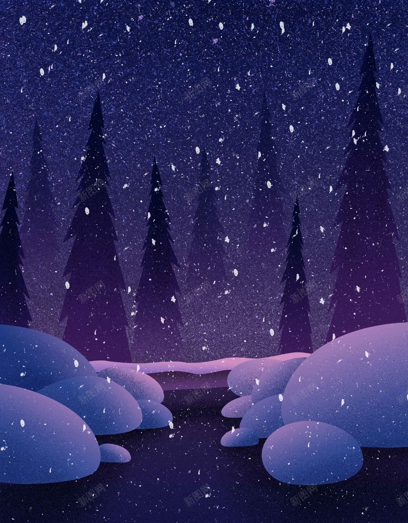 夜晚雪景蓝色手绘插画背景jpg设计背景_88icon https://88icon.com 蓝色背景 夜晚 手绘 插画 雪景 树林 雪花 卡通 简约背景