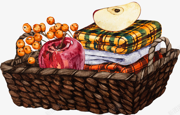 编织筐里的方格布和苹果png免抠素材_88icon https://88icon.com 方格布料 水彩 水果 简图 篮子 编织筐 苹果