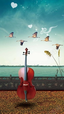 小提琴大雁蓝天卡通H5背景背景