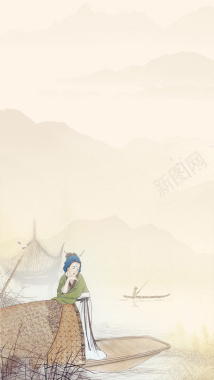 中国风手绘仕女图褐色背景素材背景