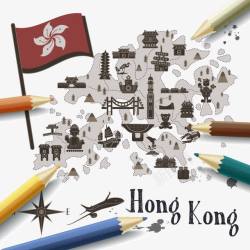 手绘香港旅游路线指南图素材