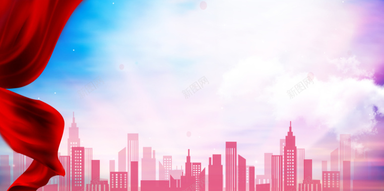 卡通蓝天城市红绸海报背景模板背景