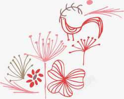 手绘简约花朵小鸟图案矢量图素材