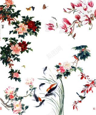 中国风工笔画花鸟背景背景
