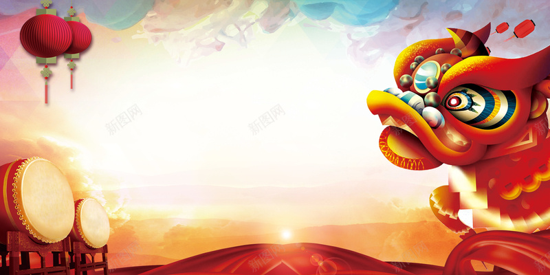 舞狮贺新春新年背景jpg设计背景_88icon https://88icon.com 舞狮 贺新春 灯笼 中国风 铜鼓 祥日
