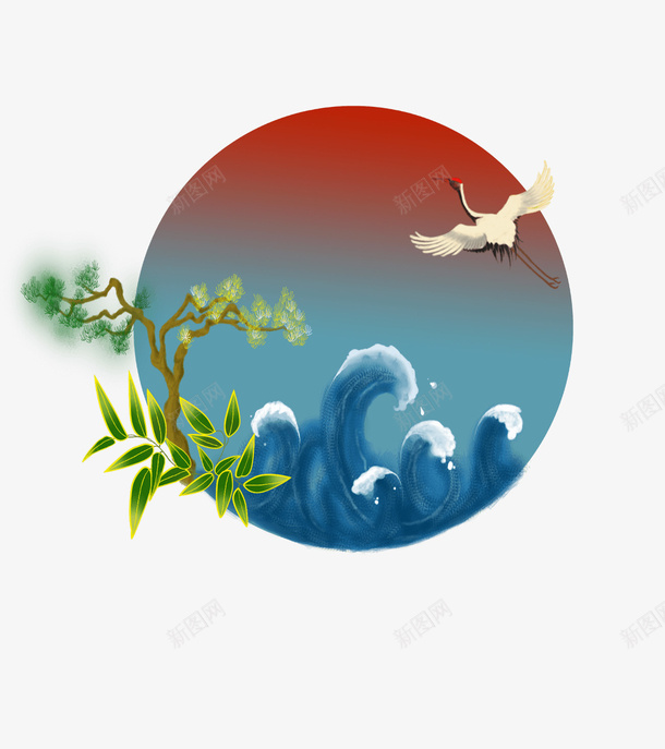 插画仙鹤浪花树叶松树枝png免抠素材_88icon https://88icon.com 仙鹤 插画 松树枝 树叶 浪花