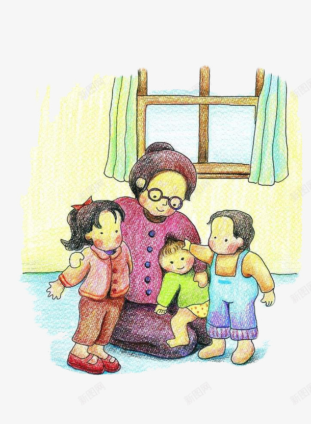 奶奶与孙子png免抠素材_88icon https://88icon.com 儿童蜡笔画 卡通手绘 奶奶和孙子 家人 教育 眼镜 蜡笔画质