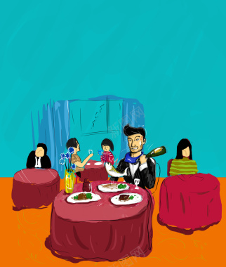 手绘吃饭的人海报背景素材背景