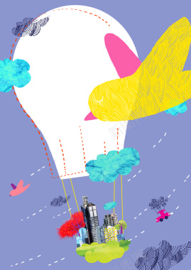 手绘时尚热气球小鸟印刷背景背景