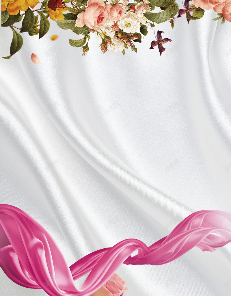 牛奶丝绸花朵背景psd设计背景_88icon https://88icon.com 丝绸 叶子 牛奶 玫瑰 白色 粉色飘带 花 花朵