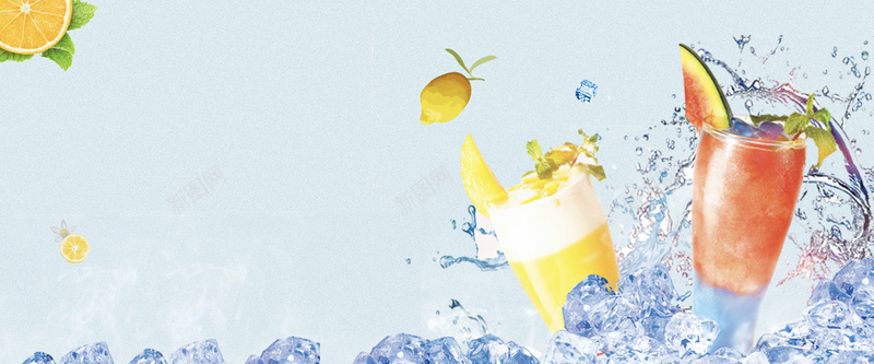 蓝色小清新柠檬饮料banner海报psd设计背景_88icon https://88icon.com 夏季 冰爽 饮料 蓝色 柠檬 冰块 促销 上新 优惠