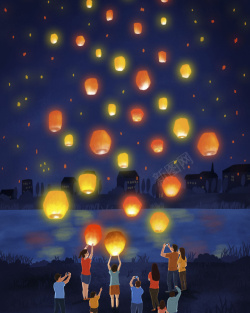 夜晚湖面简约放孔明灯广告高清图片