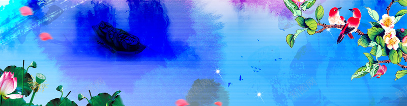 荷塘美景背景图psd设计背景_88icon https://88icon.com 荷花 海报banner 中国风 两只喜鹊 小鸟花藤之 水粉花效果