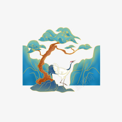 中国风装饰松树仙鹤远山插画素材