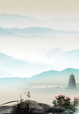 中国风远山宝塔海报展板背景背景