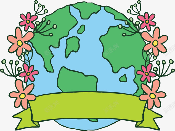 粉色花朵绿色地球矢量图ai免抠素材_88icon https://88icon.com 卡通地球 地球 地球日 矢量png 粉色花朵 矢量图