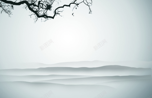 灰色中国风水墨画树枝浮云背景背景