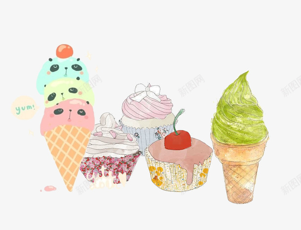 水彩绘画psd免抠素材_88icon https://88icon.com 冰淇淋 水彩 甜筒 绘画