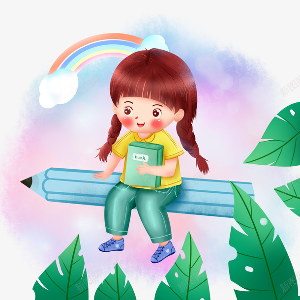 开学季坐在铅笔上飞行的女孩psd免抠素材_88icon https://88icon.com 坐在铅笔上 开学季 插画元素 飞行的女孩