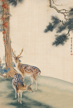 书法松树中国风古典麋鹿平面广告高清图片