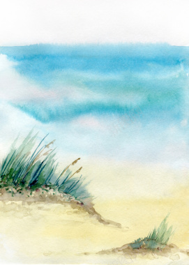 手绘海边水彩画平面广告背景