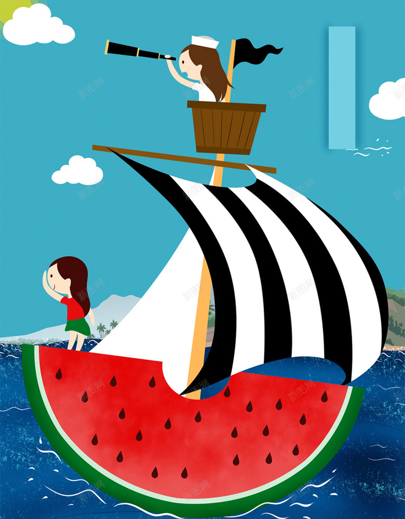 清凉夏季海报jpg设计背景_88icon https://88icon.com 卡通 夏季 文艺 海洋 清凉 清新 航帆 航海 蓝色 西瓜 颜色