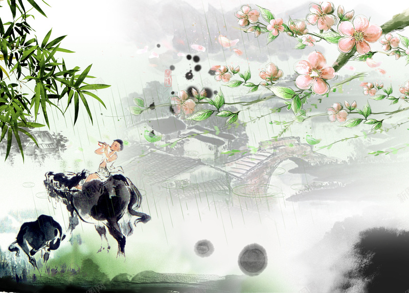 中国风清明踏青祭祀海报背景素材jpg设计背景_88icon https://88icon.com 中国风 清明素材 踏青 桃花 牧童 清明 竹子 牛 村庄 海报背景