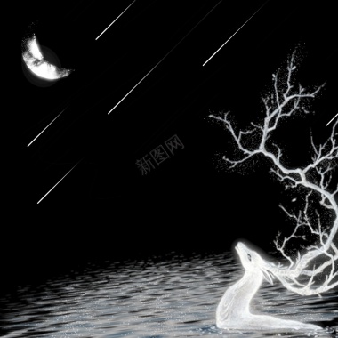 月夜白鹿戏水元素底图背景