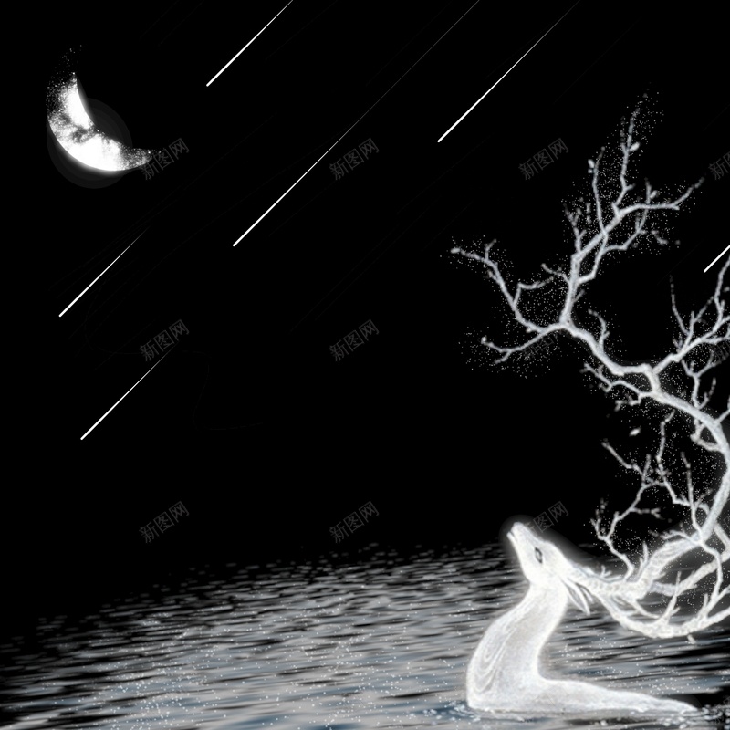 月夜白鹿戏水元素底图jpg设计背景_88icon https://88icon.com 底图 月亮 背景 鹿 黑夜
