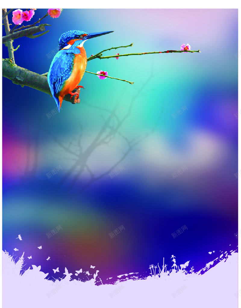 蓝色小鸟eps设计背景_88icon https://88icon.com 小鸟 梅花 纹理 蓝色 质感