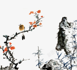 假山古风水墨装饰梅花元素高清图片