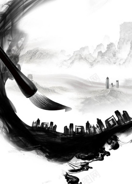 中国风水墨毛笔长城海报背景背景