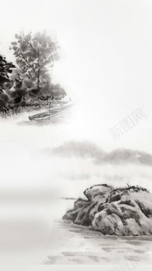 中国画石头树木山水H5背景背景