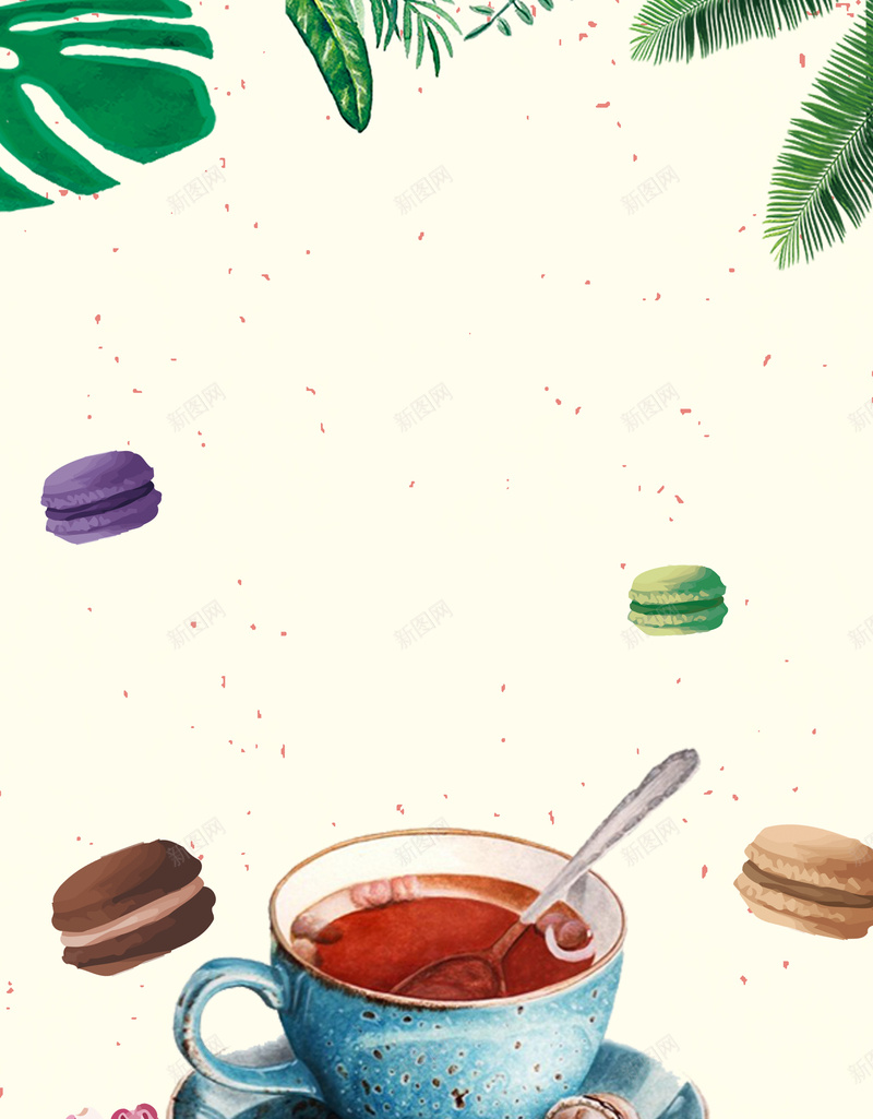 手绘风格下午茶海报psd设计背景_88icon https://88icon.com 手绘风格 下午茶 树叶 甜品 餐饮 美食 美味 马卡龙 蛋糕