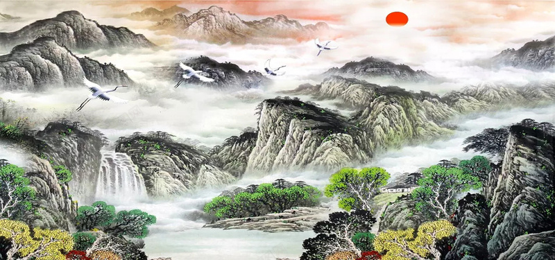 山水风景画jpg设计背景_88icon https://88icon.com 中国风 山水画 风景画 落日 仙鹤 瀑布 松树 山峰 迷雾 海报banner