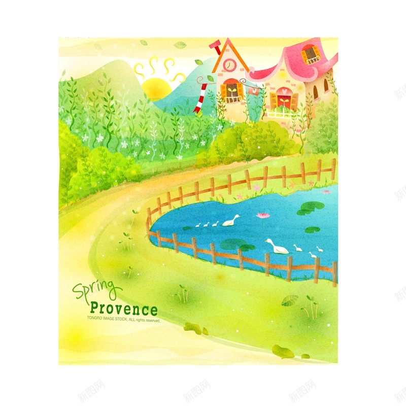 池塘边美丽的城堡和树木背景jpg设计背景_88icon https://88icon.com 卡通风景 城堡 大树 春天 池塘 海报 矢量风景 背景 花朵 风景插画 黄色