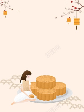 简约中秋月饼促销手绘插画背景