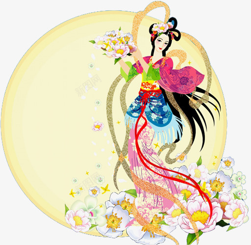 中秋节月亮古典美女png免抠素材_88icon https://88icon.com 中国节 中国风 中秋节 八月十五 古典美女 嫦娥 月饼节 玉兔 神话传说 花朵