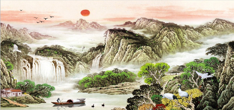 山水风景jpg设计背景_88icon https://88icon.com 中国风 水墨画 山水 画 风景画 落日 仙鹤 鸟 瀑布 天鹅 山峰 小屋 树林 小船 人 湖 海报banner