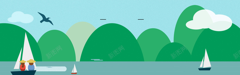 淘宝户外绿色帆船蓝天白云鸟背景图背景