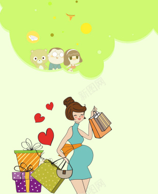 卡通孕妇购物绿色背景素材背景