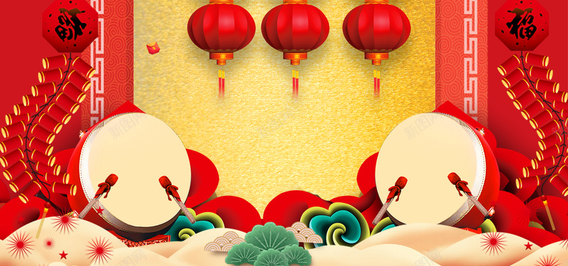 2018狗年开门大吉红色中国风bannerpsd设计背景_88icon https://88icon.com 2018年 狗年 新春 新年 红色 中国风 灯笼 鞭炮 大鼓 松树 云层