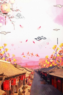 农村渐变手绘中国风传统屋檐背景背景